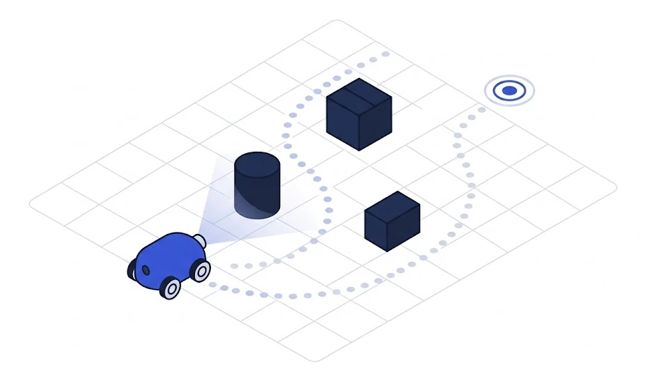 Illustration d'un petit robot à roues bleu qui contourne des obstacles en suivant un trajet en pointillés vers une cible, avec un cône représentant son capteur.